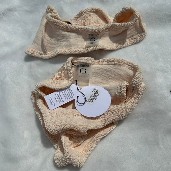 Hunza G. Flora Seersucker Bandeau Bikini Top and Bottom Blush Peach Pink OS NWT - Picture 8 of 15